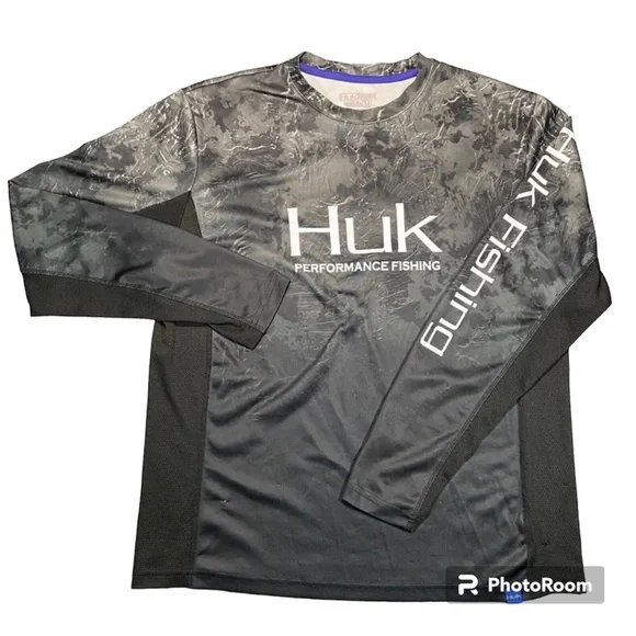 Huk Fishingフィッシングシャツ グレー マーブル M（L）新品 Huk Shirt Mens Medium Gray Fishing Angler Fish Boating Made